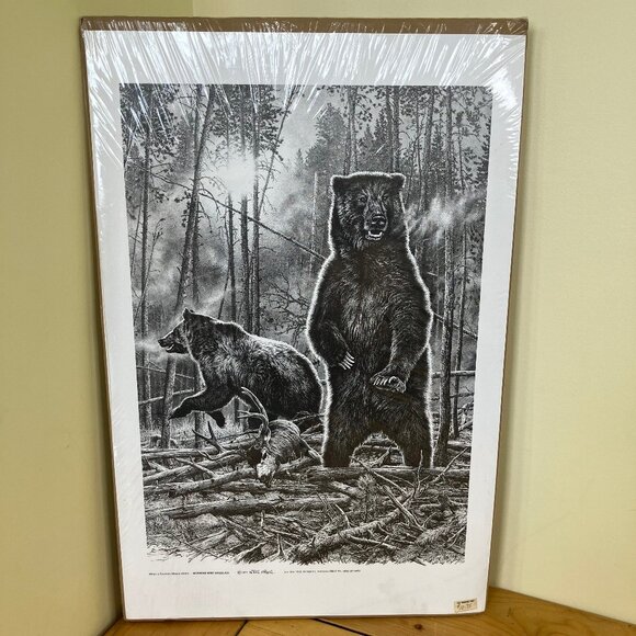 Morning Mist Grizzlies Art Print Bill O'Neill 1977 B&W Nature Bear Wildlife - Picture 1 of 4